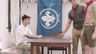 The twink scout Trent got spit-roasted by the scoutmaster Eddie Patrick and another t