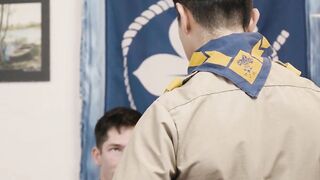 Muscular Eddie Patrick spank the young scout's ass before thrusting his long and meat