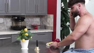 Lustful Rob Quin kneels and swallows his muscular stepdads gigantic cock