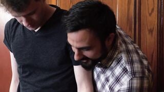 Hairy and bearded Mason Lear's tongue flickers around the ass of the boy in the jack