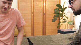 Twink Noah White's rock-hard dick erected more as his ass was inserted with a longer