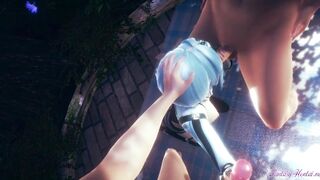 Genshin Impact Cartoon - Eula into a three-way fellatio with cum inside her titties and mouth - Cartoon manga game animated