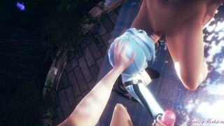 Genshin Impact Cartoon - Eula into a three-way fellatio with cum inside her titties and mouth - Cartoon manga game animated