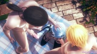 Genshin Impact Cartoon - Eula into a three-way fellatio with cum inside her titties and mouth - Cartoon manga game animated