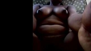 Nice boobies rubbing her clitoris into the balcony