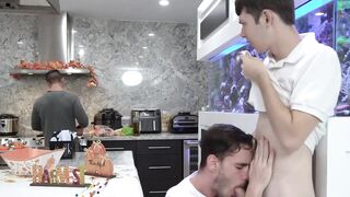 Hunky stepdad facializes and barebacks stepsons in threesome