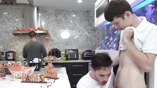 Hunky stepdad facializes and barebacks stepsons in threesome