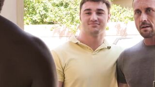 Jock stepsons creampied after bareback foursome with daddies