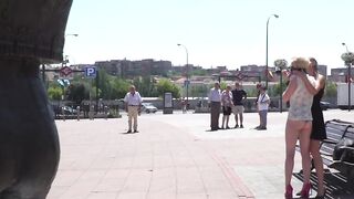Bound blonde fucked at subway entrance