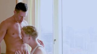 Kinky blonde Jesse Bolton grabs my cock and starts sucking it for breakfast
