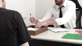 Stepchild Ryland Kingsman crawls under Chris Damned table and strokes his dick