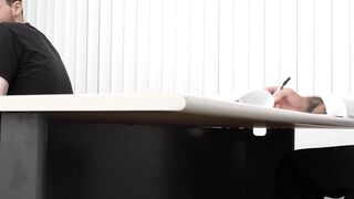 Stepchild Ryland Kingsman crawls under Chris Damned table and strokes his dick
