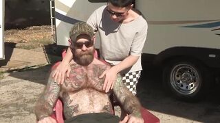 My tatted stepdaddy Jack Dixon rams my ass after I rub oil on his strong body