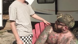 My tatted stepdaddy Jack Dixon rams my ass after I rub oil on his strong body