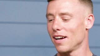 Brawny Justin Mathews and Evan Knoxx fucked the mouth and ass of Trevor Brooks in a f