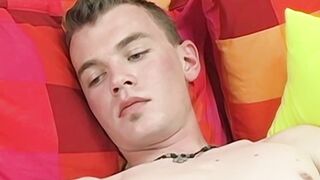 Petite young twink Garrett Emerson wanks off after interview