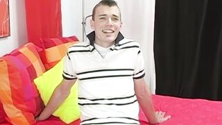 Petite young twink Garrett Emerson wanks off after interview