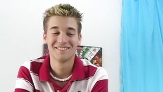 Petite gay Devin Becker plays with dildo while jerking off