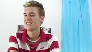 Petite gay Devin Becker plays with dildo while jerking off