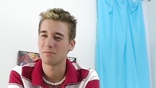 Petite gay Devin Becker plays with dildo while jerking off