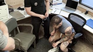 Perp Keith Foxxx devours the muscled officer and his hairy stepdads huge dicks