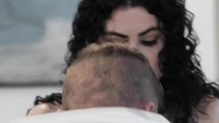 Curly haired Lydia Black opens her legs and let sculpted Ryan destroy her vag