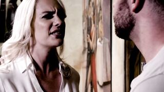 Slim and busty blonde Kenna James rides her clients massive cock