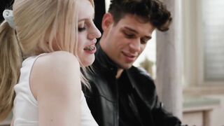 Adorable blonde TS Izzy Wilde moans from a massive dick in her tight asshole