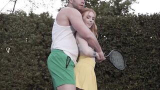 Petite redhead Madi Collins moans while riding her coaches massive cock