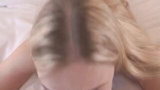 Elegant blonde Rebel Rhyder sucks my dick hard until my cum bursts inside her mouth