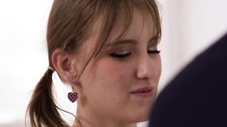 Petite Melody Marks is spitroasted by her boyfriend and a hung stud