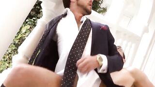 Hairy Enzo Rimenez jerks cock while riding the massive cock of Mike De Marko