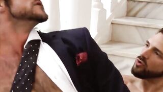 Hairy Enzo Rimenez jerks cock while riding the massive cock of Mike De Marko