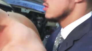 Suited Klein Kerr fucks the tight ass of manager Sunni Colucci in the garage