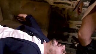 Spitting and hardcore ass pounding by suited Mateo Tomas and Gala Galaxi