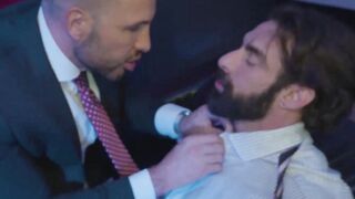 Bearded hunk Scott Carter doggy styled suited Donato Reyes in the cinema