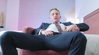 Horny blond Mr Loki suit down to sheer his socks and strokes his dick