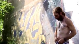 Long bearded amateur guy Squirell likes jerking off and draining his long dick down b