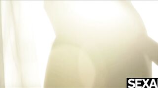 Goddess blonde plays with her long natural titties as she masturbates