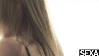 Goddess blonde plays with her long natural titties as she masturbates