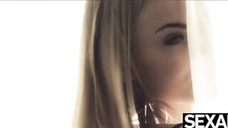 Goddess blonde plays with her long natural titties as she masturbates