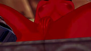 Meru the Succubus finger fuck her twat while sitting on a desk.