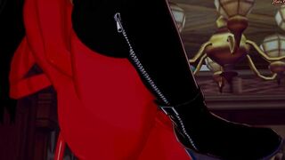 Meru the Succubus finger fuck her twat while sitting on a desk.