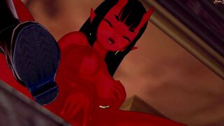 Meru the Succubus finger fuck her twat while sitting on a desk.