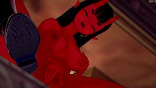 Meru the Succubus finger fuck her twat while sitting on a desk.
