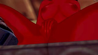 Meru the Succubus finger fuck her twat while sitting on a desk.