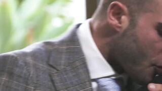 Lovely Allen King feet worship suited Beau Butler before getting banged