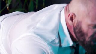 Suited Mark Vallant serves sloppy blowjob in an ass fucking with Bruce Beckham
