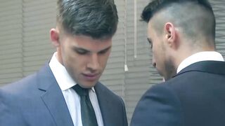 Hottie Robbie Rojo rides dick while jerking his cock by suited Xavi Duran