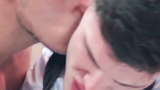 Hottie Robbie Rojo rides dick while jerking his cock by suited Xavi Duran